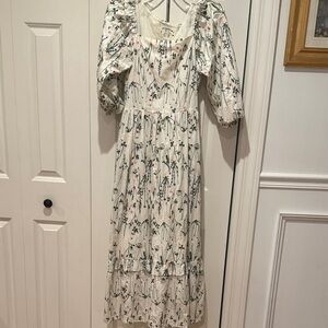 Anthropologie White Floral Long Sleeve Dress